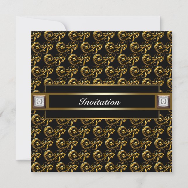 Elegant Black Gold Swirl Diamond Party Invitation (Front)