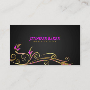 Elegant Black & Gold Swirl Pink Accents Business Card