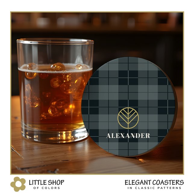 Elegant Black Gold Tartan Plaid Monogram Round Paper Coaster (Creator Uploaded)