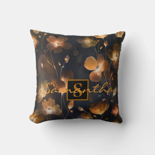 Elegant black gold terra cotta floral monogram cushion