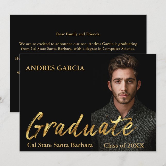 Elegant Black Gold Text Overlay Graduate Photo Announcement (Front/Back)
