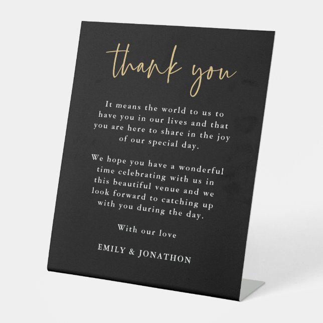 Elegant Black Gold Thank You Letter Wedding Guests Pedestal Sign (Front)