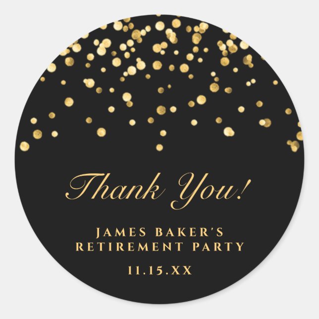 Elegant Black Gold Thank You Retirement Party  Classic Round Sticker (Front)
