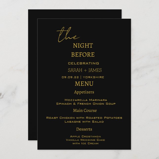 Elegant Black & Gold The Night Before Wedding  Menu (Front/Back)