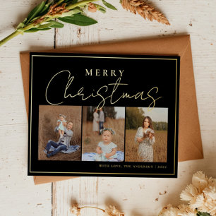 Elegant Black Gold Three Photo Collage With Frame Foil Holiday Postcard