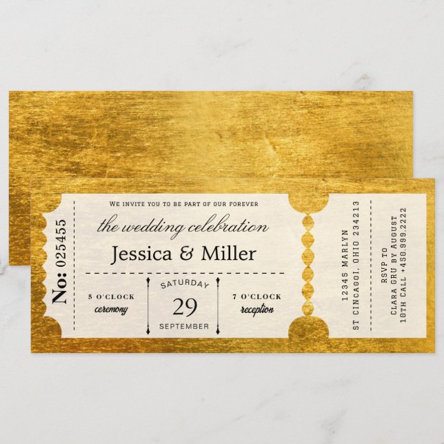 Elegant Black & Gold Ticket Wedding Invitation (Front/Back)