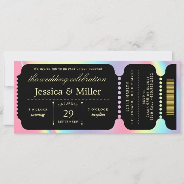 Elegant Black & Gold Ticket Wedding Invitation (Front)
