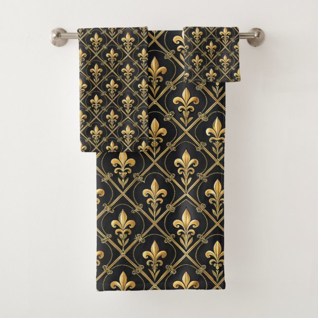 Elegant black gold tiled pattern  bath towel set (Insitu)