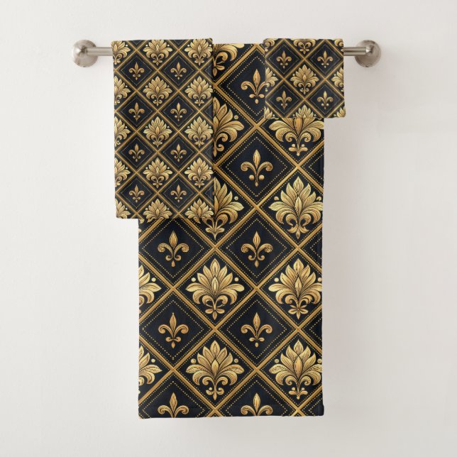 Elegant black gold tiled pattern bath towel set (Insitu)