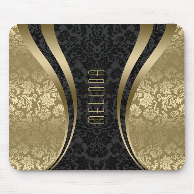 Elegant Black & Gold Tones Floral Damasks Mouse Pad (Front)