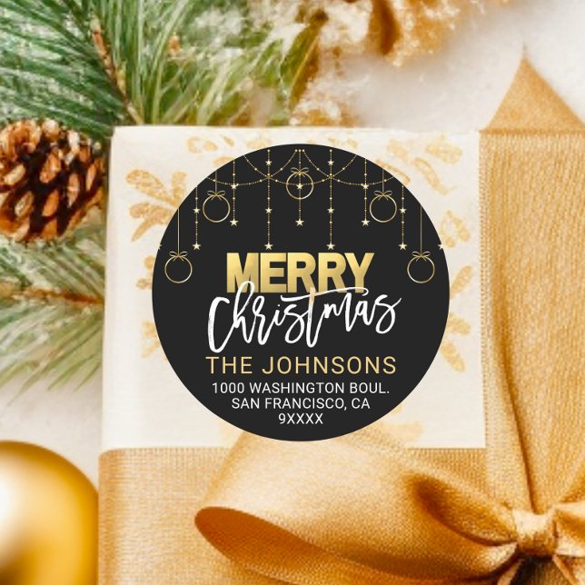 Elegant Black Gold Twinkle Stars Christmas Address Classic Round Sticker (Elegant Black Gold Twinkle Stars Christmas Address Classic Round Sticker)