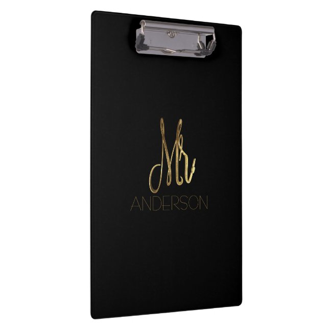 Elegant Black Gold Typography Mr. Family Name Clipboard (Right)