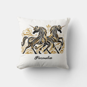 Elegant Black Gold Unicorn Personalized Stylish Cushion