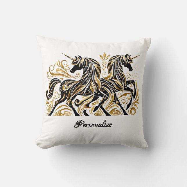Elegant Black Gold Unicorn Personalized Stylish Cushion (Front)