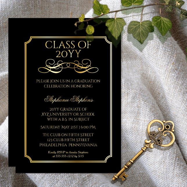 Elegant Black | Gold University Graduation Party (Elegant Black College or University Graduation Announcement and Party Gold Foil Invitation)