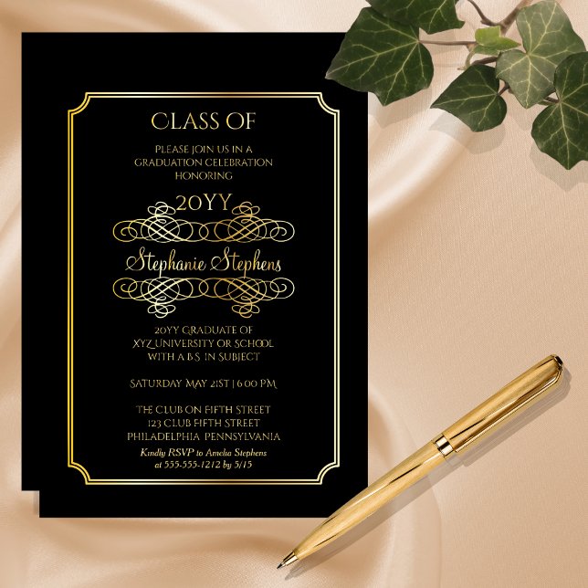Elegant Black | Gold University Graduation Party (Elegant Black College or University Graduation Announcement and Party Gold Foil Invitation)