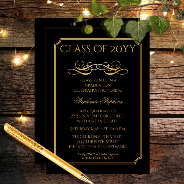 Elegant Black | Gold University Graduation Party Invitation (Elegant Black and Gold Tone University Graduation Party Invitation for Print and/or Download)