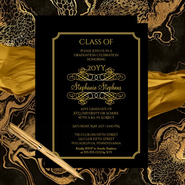 Elegant Black | Gold University Graduation Party Invitation (Elegant Scrollwork Black and Gold Tone College | University Graduation Announcement Party Invitation)