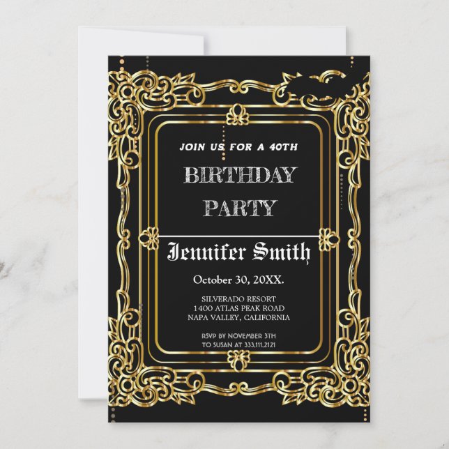 Elegant black gold vintage 40th birthday invitation (Front)