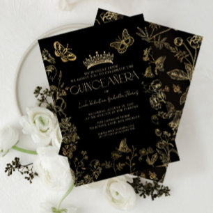 Elegant Black Gold Vintage Floral Quinceañera Invitation