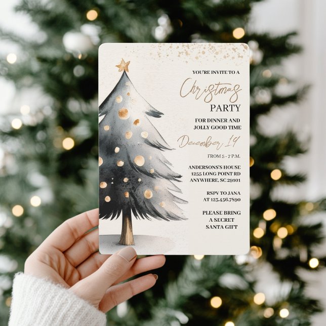 Elegant Black & Gold Watercolor Christmas Invitation (Creator Uploaded)