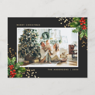 Elegant Black Gold Watercolor Holly Photo Holiday Postcard