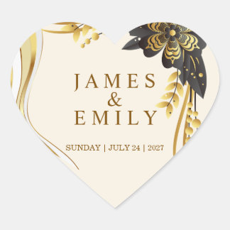 Elegant Black & Gold Wedding Heart Sticker