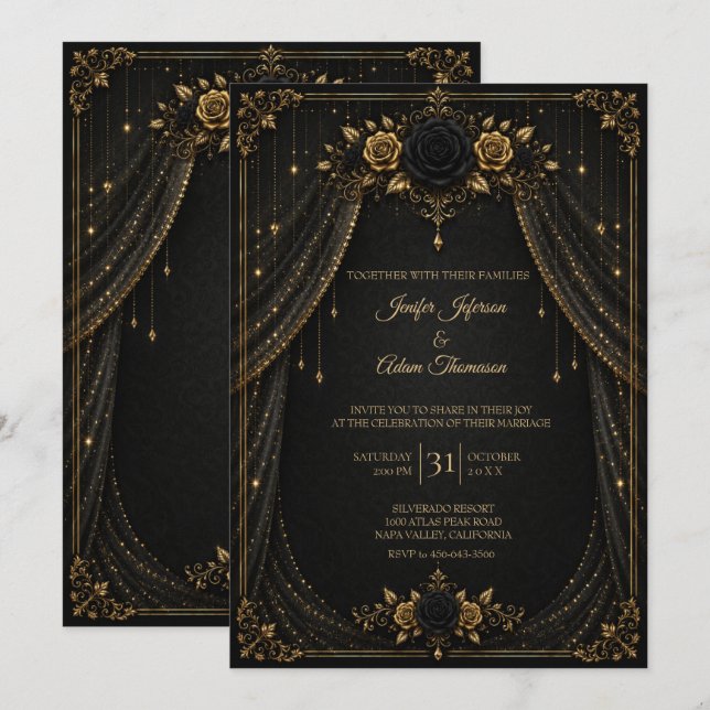 Elegant Black & Gold Wedding Invitation (Front/Back)
