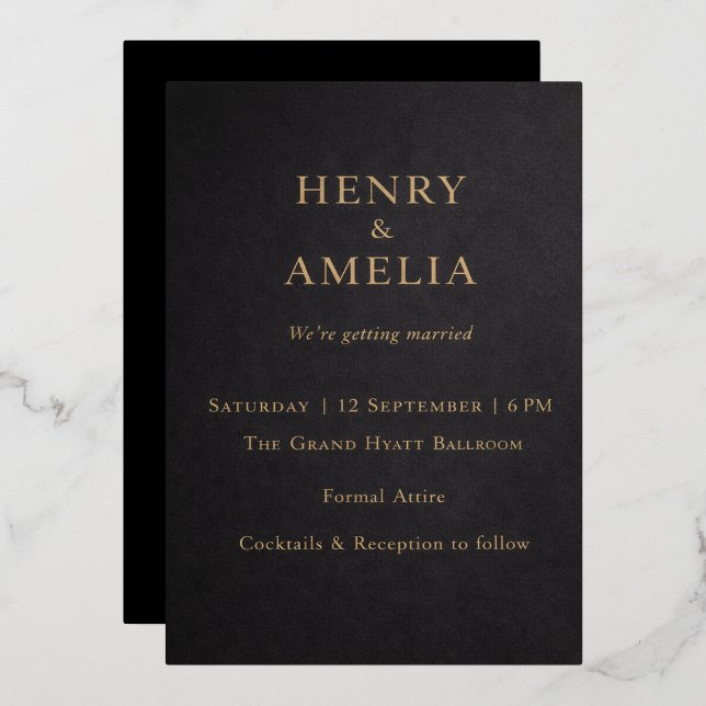 Elegant Black & Gold Wedding Invitation (Front/Back)