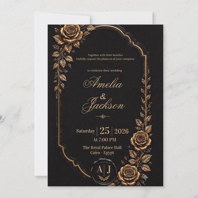 Elegant Black & Gold Wedding Invitation (Front)