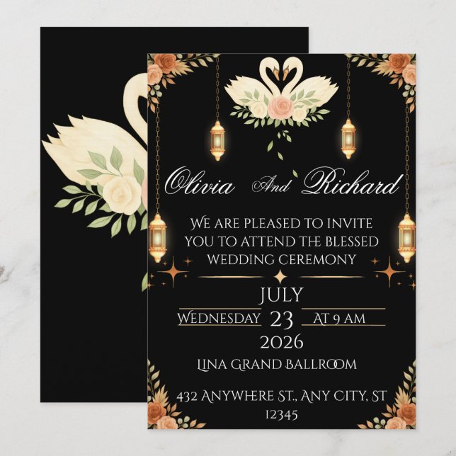 Elegant Black & Gold Wedding Invitation Template (Front/Back)