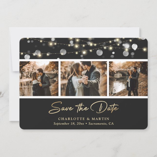 Elegant Black Gold Wedding Photo Save The Date (Front)