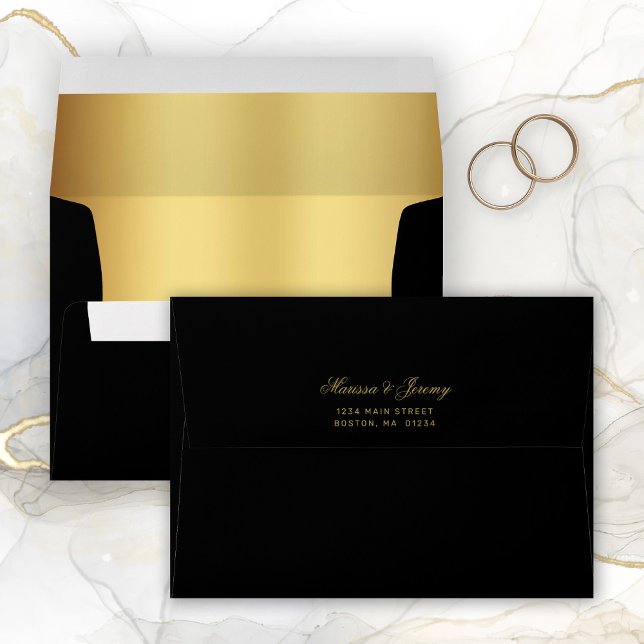 Elegant Black Gold Wedding Return Address Envelope (Elegant Black and Gold Script with return address wedding envelopes.)