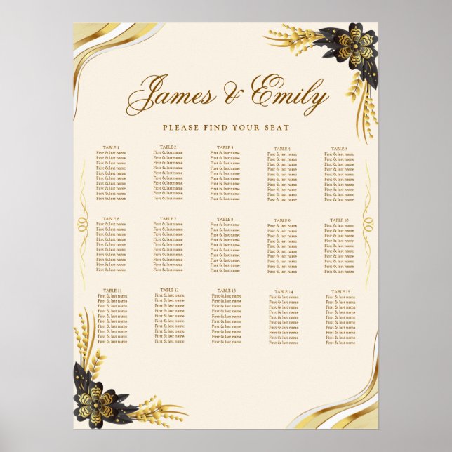 Elegant Black & Gold Wedding Seating Chart (Front)