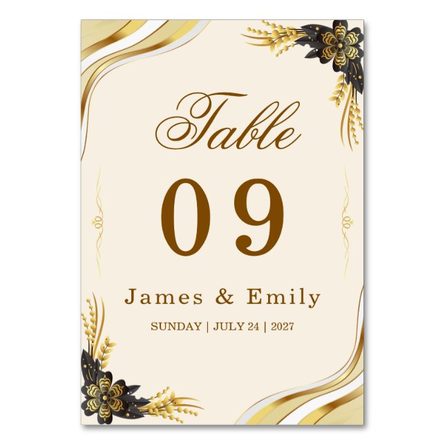 Elegant Black & Gold Wedding Table Number (Front)