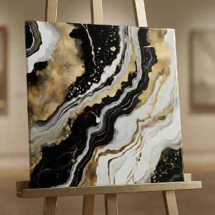 Elegant Black Gold & White Agate Marble Fluid Art Ceramic Tile