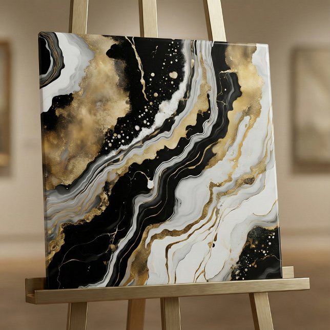 Elegant Black Gold & White Agate Marble Fluid Art Ceramic Tile (Creator Uploaded)