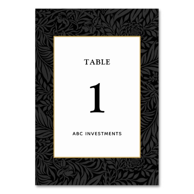 Elegant Black Gold White Botanical Table Number (Front)