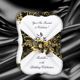 Elegant Black Gold White Floral Birthday Party Invitation