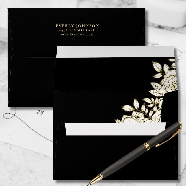 Elegant Black Gold White Floral Return Address Envelope (Creator Uploaded)