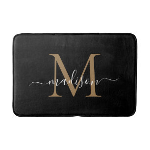 Elegant Black Gold White Monogram Girly Script Bath Mat