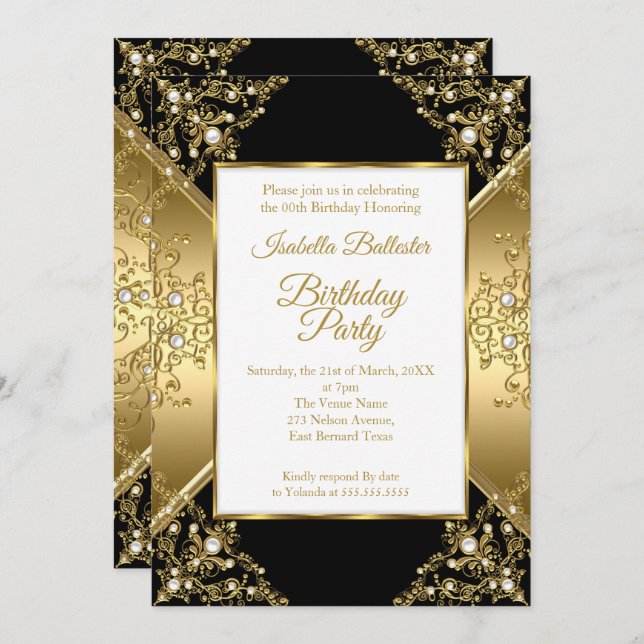 Elegant Black Gold White Pearl Birthday Party 2 Invitation (Front/Back)