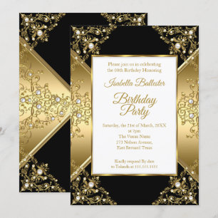 Elegant Black Gold White Pearl Birthday Party 2 Invitation