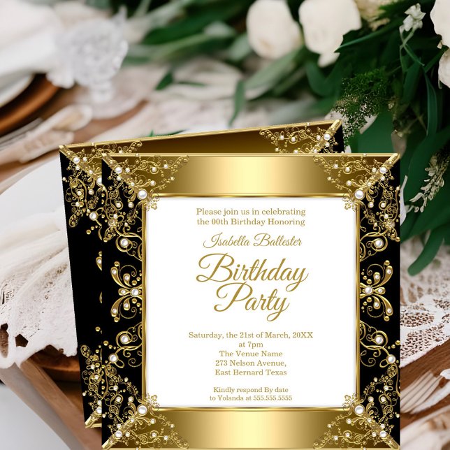 Elegant Black Gold White Pearl Birthday Party Invitation (Creator Uploaded)