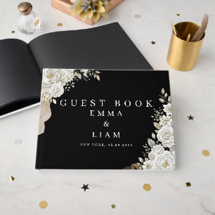 Elegant Black Gold White Rose Wedding Guest Book
