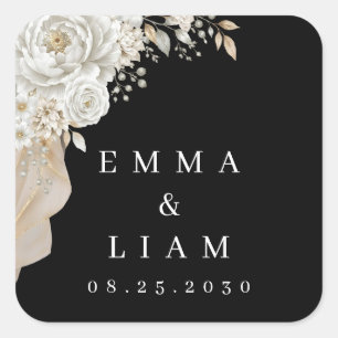 Elegant Black Gold White Rose Wedding Square Sticker