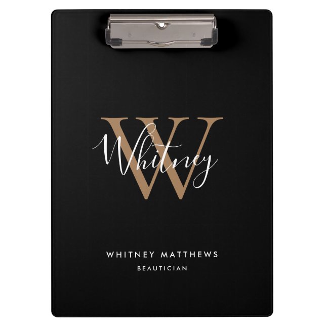 Elegant Black Gold White Script Monogram Clipboard (Front)