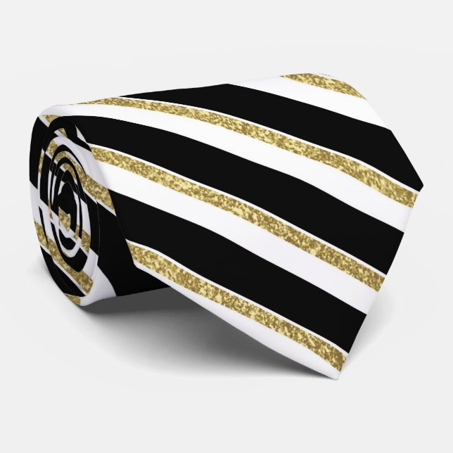 elegant black gold white stripe pattern tie (Rolled)