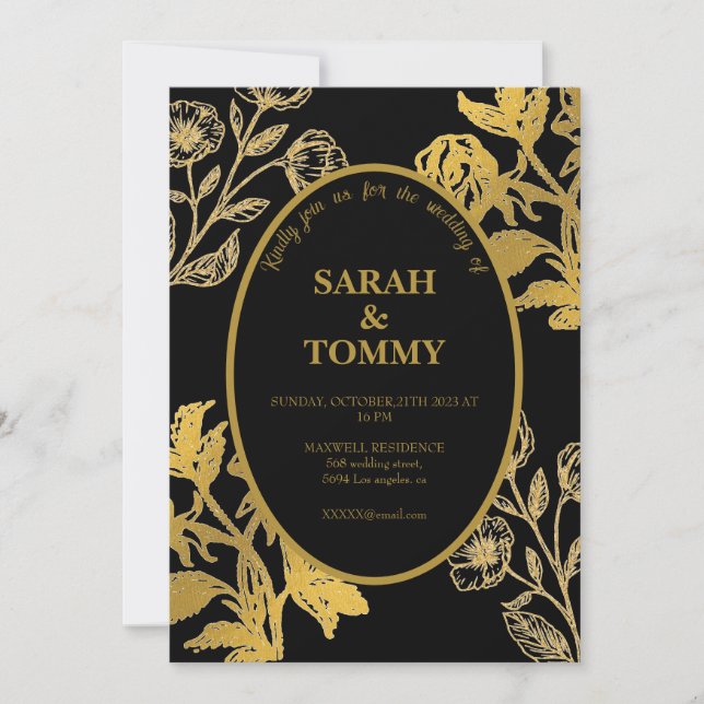 Elegant Black & Gold Wildflower Modern Wedding Invitation (Front)