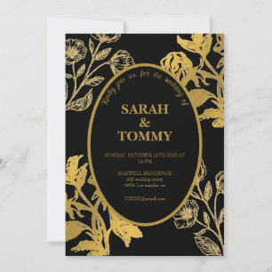 Elegant Black & Gold Wildflower Modern Wedding Invitation
